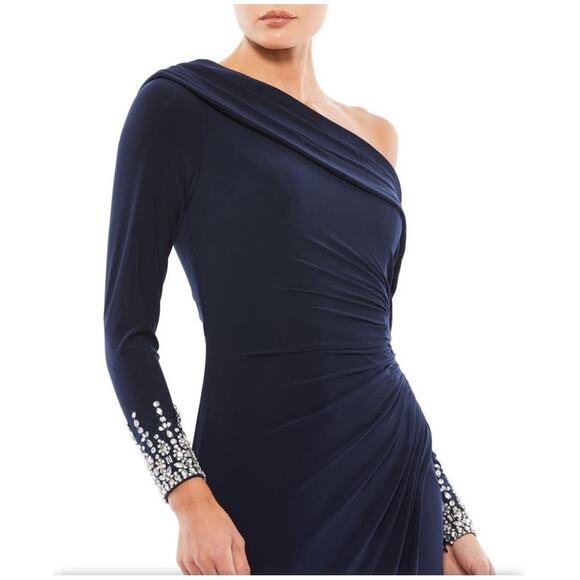 Mac Duggal NEW Size 12 Blue Beaded Cuff Drop Shoulder Faux Wrap Gown 12231 - Picture 2 of 10